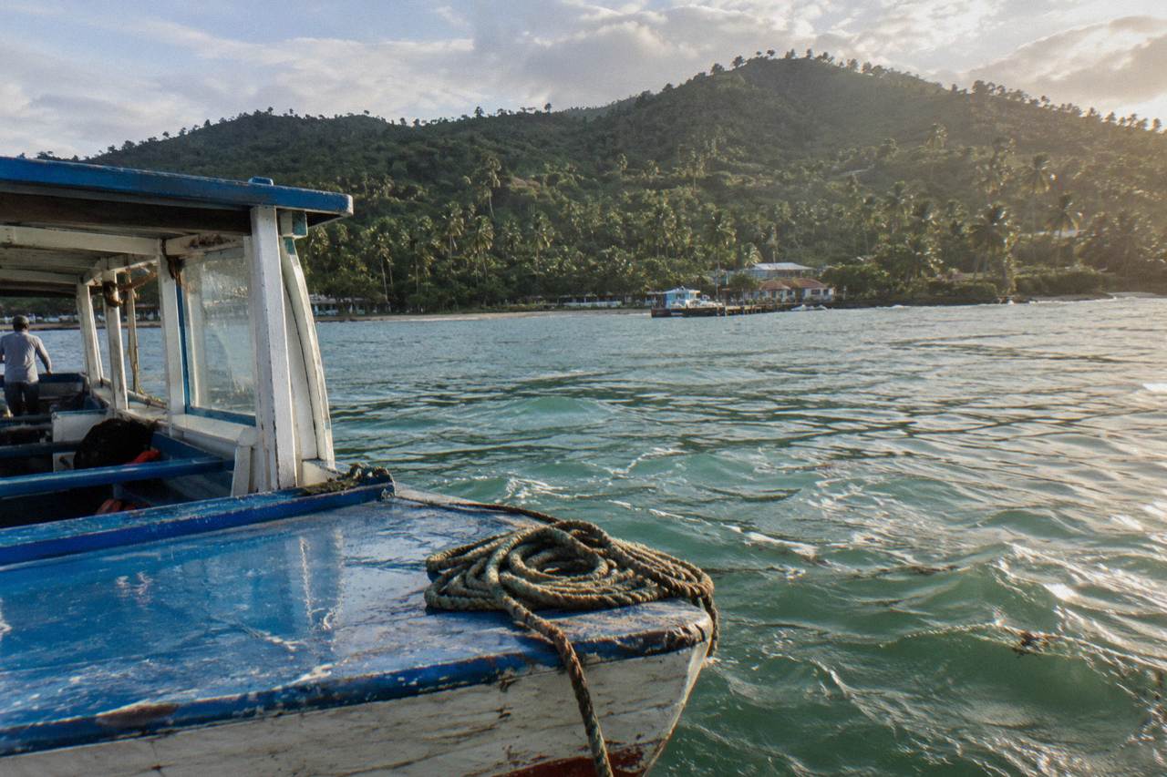 Wooden whale watching boat resting on calm green water beside a green hillside in Samaná Bay