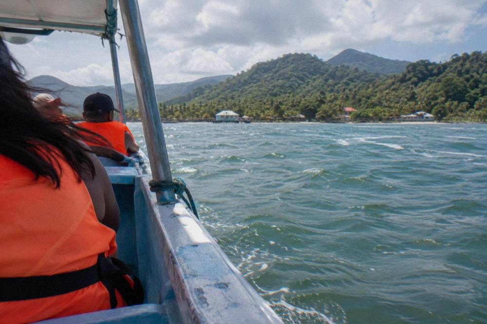 Passengers in orange life jackets seated on a whale watching boat crossing calm bay water