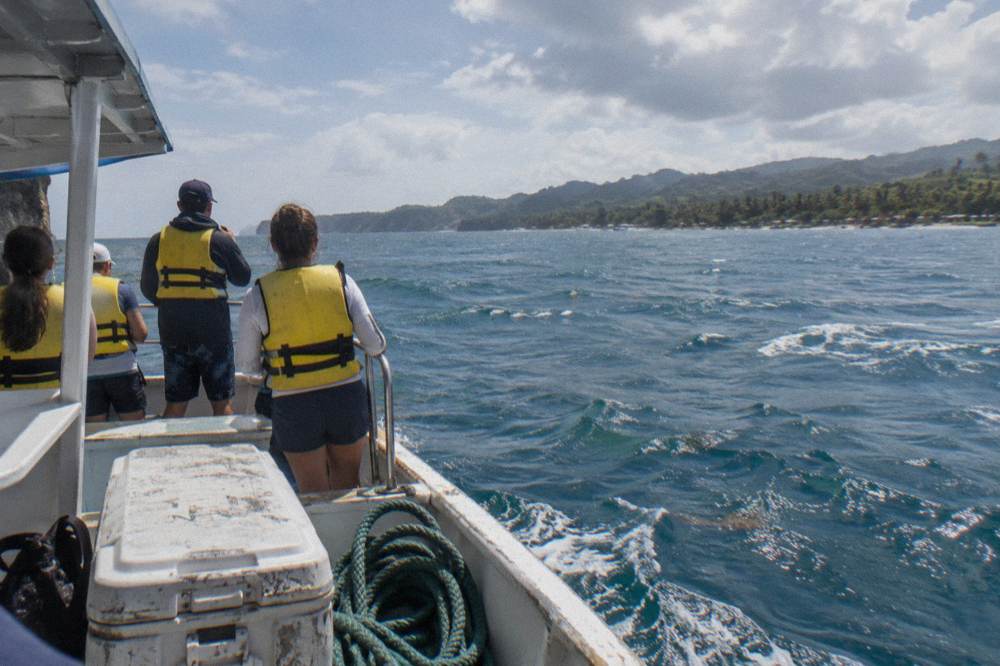 Passengers in life jackets watching the open water from the deck of a whale watching boat