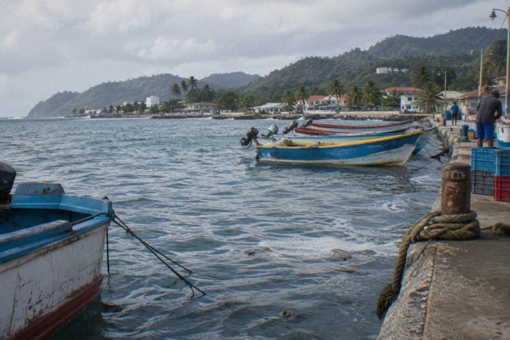 Fishing and excursion boats moored at a small town dock on a calm bay in morning light