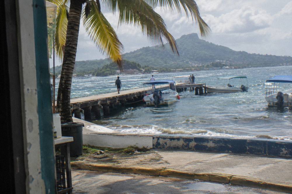 A wooden pier with small boats moored along a seaside street in a Caribbean town.
