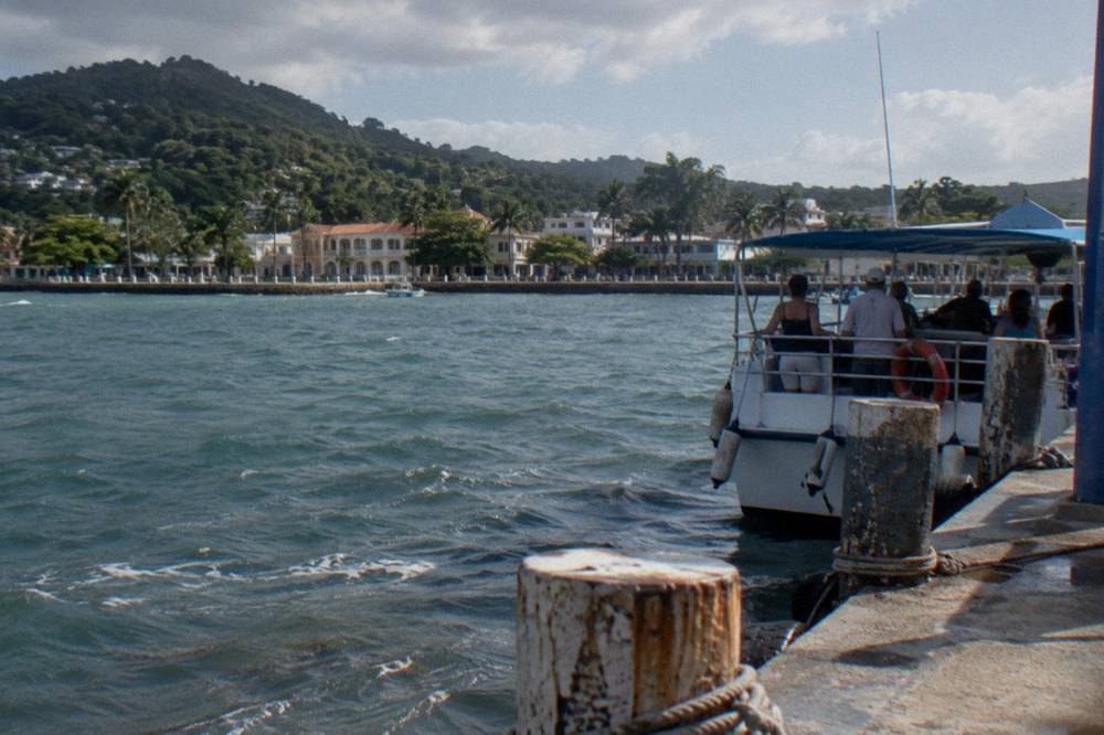 Passengers in life vests watching from the rail of a whale watching boat in Samaná Bay