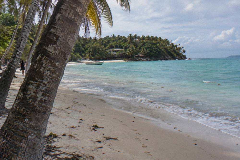 Families walking on a white sand beach with palms at Cayo Levantado