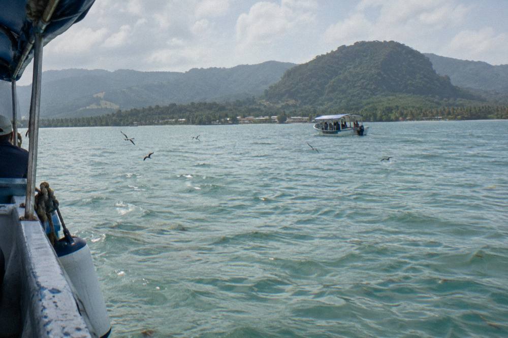A calm morning sea with a distant boat and green hills behind Samaná Bay