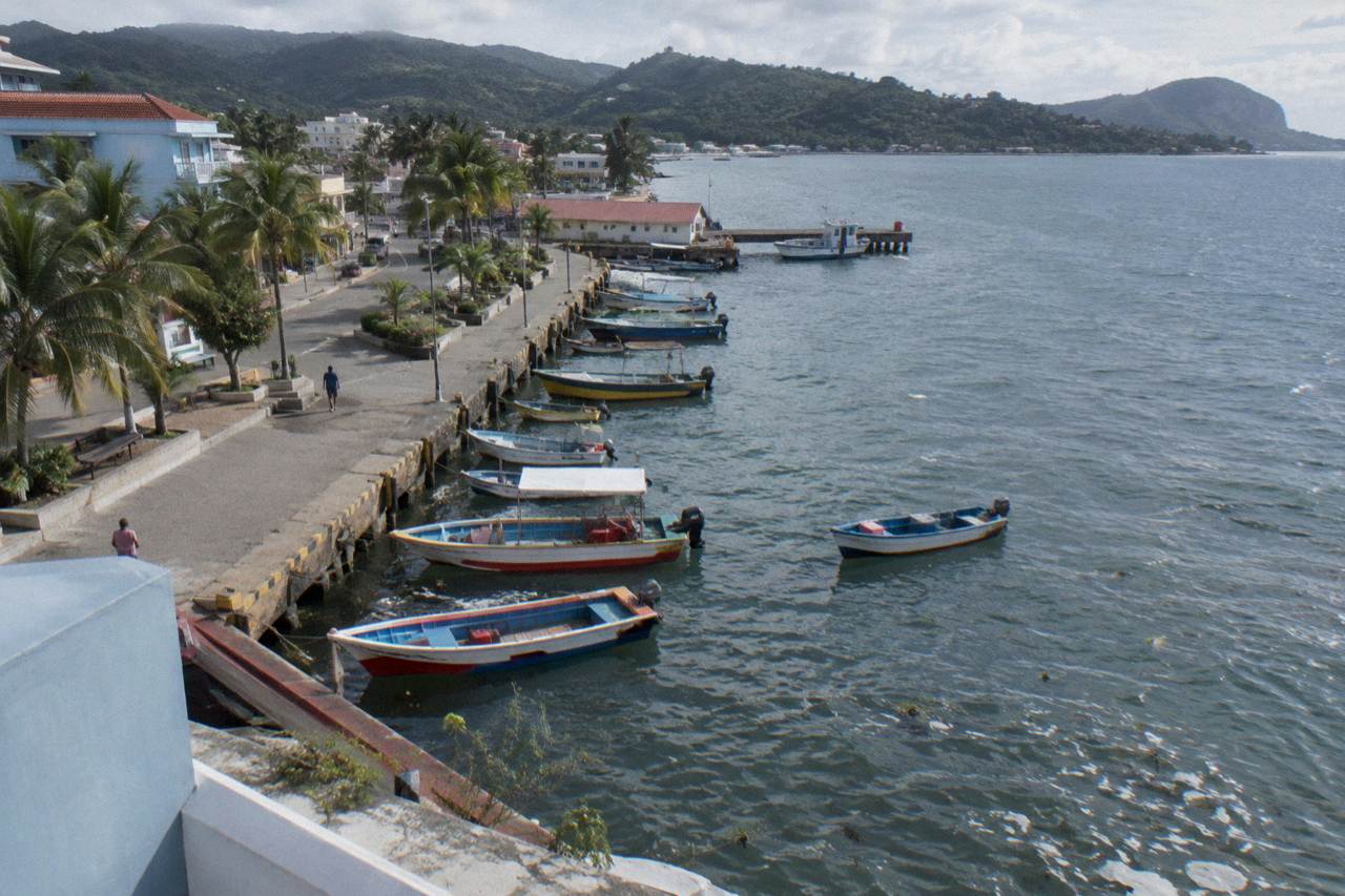 Calm boats moored along the Samaná waterfront on a clear morning