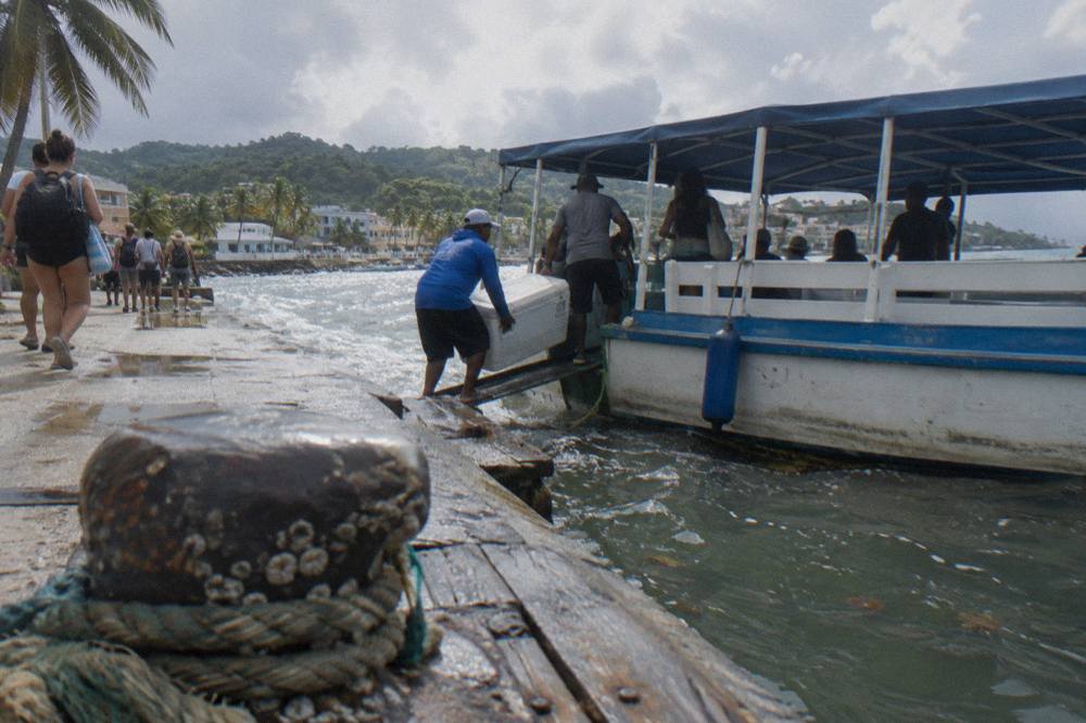 Passengers boarding a whale watching boat at a wooden dock in Samana town