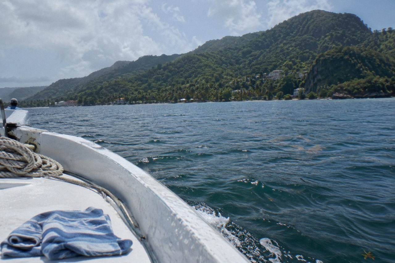 A whale watching boat crossing the calm blue water of Samana Bay toward forested hills