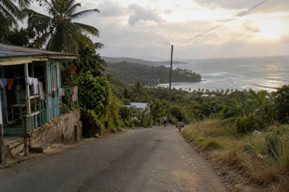 A country road winding through green hills toward a distant bay