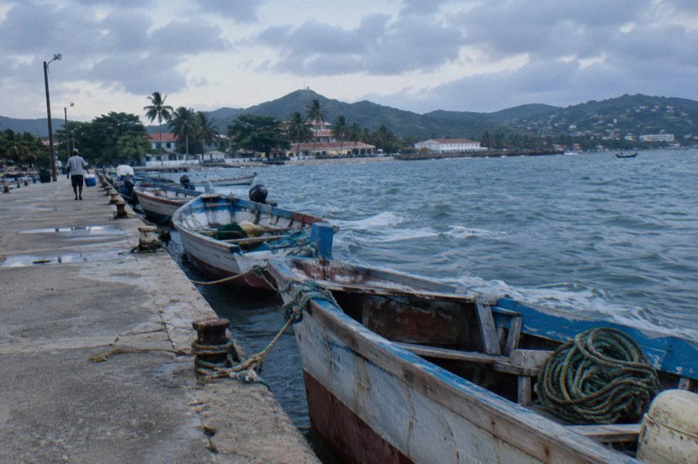 Fishing boats and tour boats moored at a dock on the Samaná waterfront in morning light