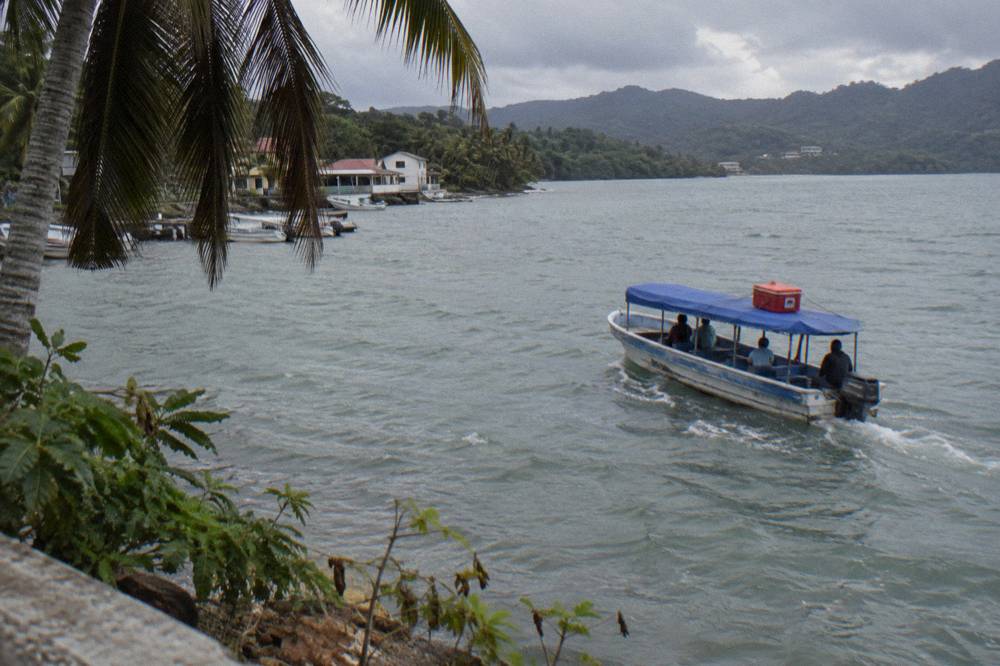 A small covered tour boat crossing calm green water in Samaná Bay
